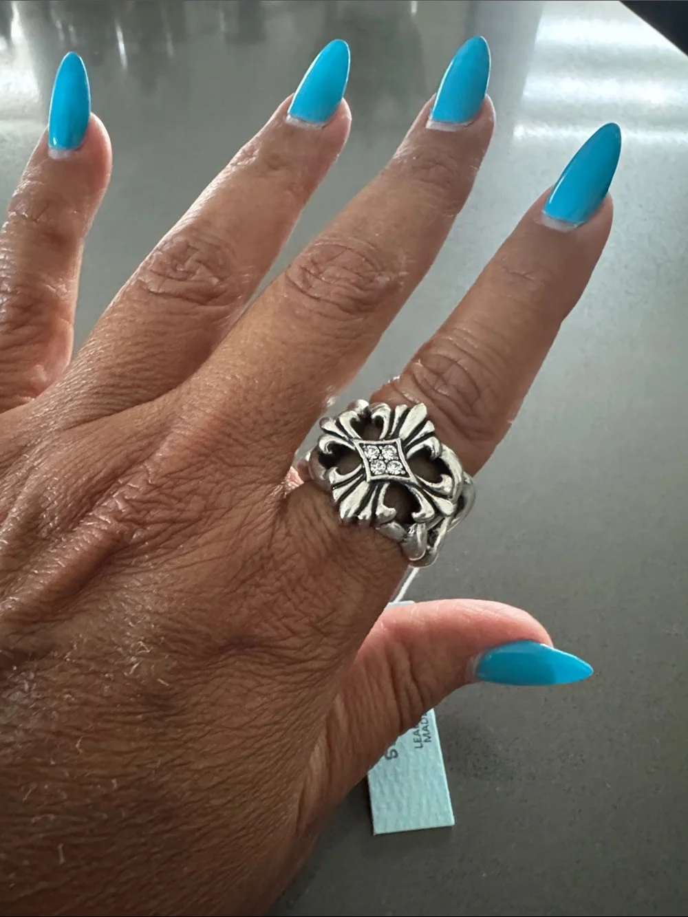 Men's Silver Gothic Fleur-Style Statement Ring with Accent Stones size 10